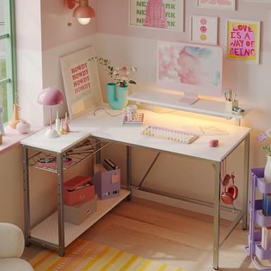 Bestier White Computer Desk with Charging Port & LED Strip,42 inch Modern Gaming Desk with Reversible Storage Shelves,Small L Shaped Desk with Hooks for Home Office - Image 2