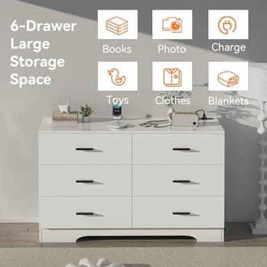 FJTJBSI Dresser with Power Outlets Wooden 6 Drawer Dresser with USB and Type C Port Chest of Drawers for Bedroom Tall White Storage Organizer for Living Room Hallway Closet - Image 5
