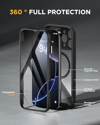 Miracase Magnetic for iPhone 16 Pro Case Full-Body Phone with Built-in Glass Screen Protector, [Compatible with MagSafe] Military Drop Proof 16 Pro Cover Bumper 6.3 inch, Black - Image 2
