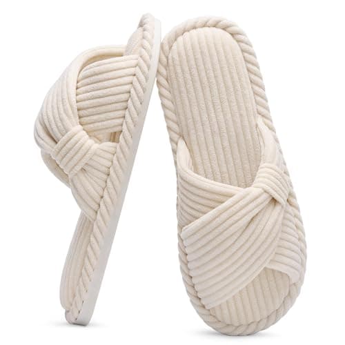 Evshine Fall House Slippers for Women Corduroy Cross Bow Indoor Slippers Open Toe Slip On Bedroom Shoes with Memory Foam, Beige 270 (Size 8-8.5) - Image 1