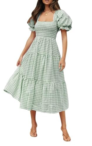 ZESICA Women's 2025 Bohemian Summer Plaid Square Neck Puff Sleeve Ruffle Flowy Beach Midi Dress,Green,Large - Image 1