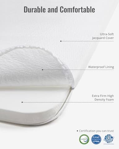 ThrivyHero Pack and Play Mattress Pad, 38x26 High Density Foam Pack N Play Mattresses with Ultra-Soft Jacquard Cover, Meets ASTM F2933-21a & F406-24 Thickness Standards, Machine Washable, White - Image 5