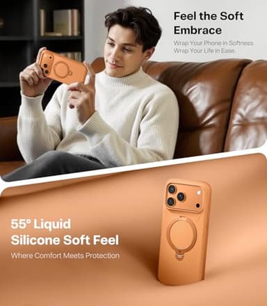 TORRAS Q3 Silicone 360 Spin for iPhone 17 Pro Case with Stand, Fit for MagSafe, Magnetic Ring Kickstand with Camera Control, Liquid Silicone Rubber Soft Phone Case for iPhone 17 Pro 6.3'', Orange - Image 9