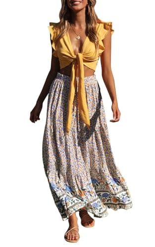 ZESICA Women's 2025 Summer Bohemian Floral Printed Elastic Waist A Line Maxi Skirt with Pockets,Cream,Large - Image 1