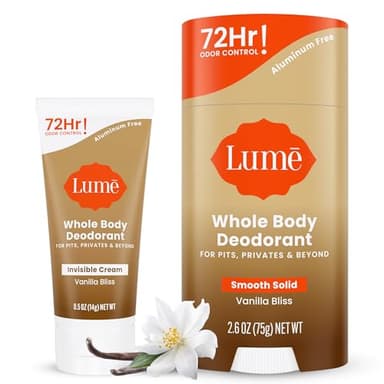 Lume Whole Body Deodorant - Invisible Cream Mini + Solid Stick Bundle - 72 Hour Odor Control - Aluminum & Baking Soda Free, Skin Loving - 0.5 Oz Mini Tube + 2.6 Oz Solid Stick (Vanilla Bliss) - Image 1