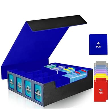 PROMAXIBINDER Trading Card Storage Box Fits 3200+ MTG/TCG/YuGiOh Cards, Commander Deck Case, 4 Display Windows 10 Dividers 4 Movable Partitions, PU Leather, Magnetic Closure, Magic, Sport Cards (Blue) - Image 1