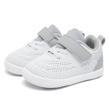 MORENDL Toddler Sneakers Baby Boys & Girls Barefoot Shoes Lightweight Breathable Walking Running Tennis Athletic Sport Shoes White Gray Size 7 - Image 2
