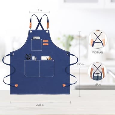 OUNLEN Chef Apron for Men Women Canvas Aprons with 3 Pockets Cross Back Resistant Work Apron for Cooking Grilling Baking BBQ Barber Kitchen (Blue) - Image 2