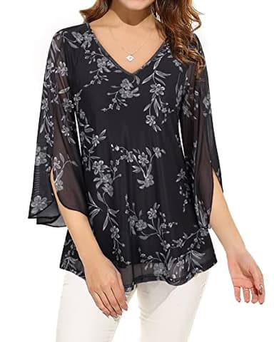 Bebonnie Womens Ruffle 3/4 Sleeve V Neck Double Layers Mesh Blouses Loose Fit Flowy Tunic Tops Multi Black XXXXL - Image 2