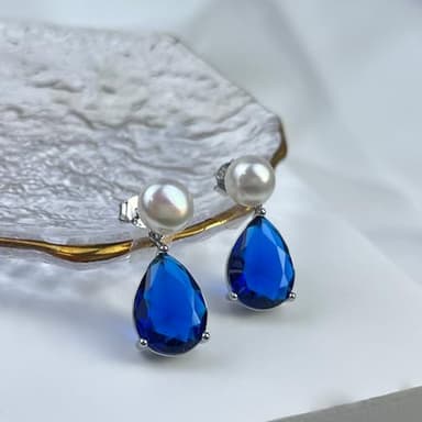 YAMI Pearl Earrings for Women, 925 Sterling Silver Birthstone Teardrop Stud Dangle Earrings, Created Sapphire Pear Shaped Zircon Gem Drop Earrings, 8-8.5MM Freshwater Cultured Pearl Jewelry - Image 5