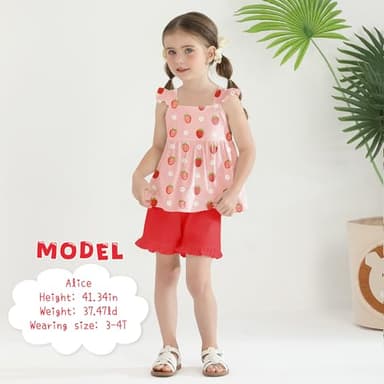 YUEMION Toddler Gir Clothes, 2Pcs Baby Gir Summer Outfits Ruffle Sleeveless Shirts Flora Tops + Shorts Clothing Set(Strawberry + Red, 4-5T) - Image 4