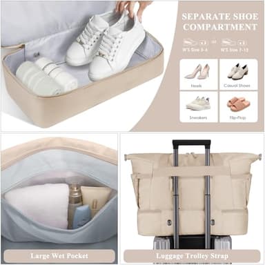 ETRONIK Gym Bag for Women, 47L Carry On Travel Duffel Bag with Shoes Compartment, Weekender Overnight Bag with Wet Pocket & USB Charging Port for Women, Travel, Gym, Weekend, Large Size (Khaki) - Image 6