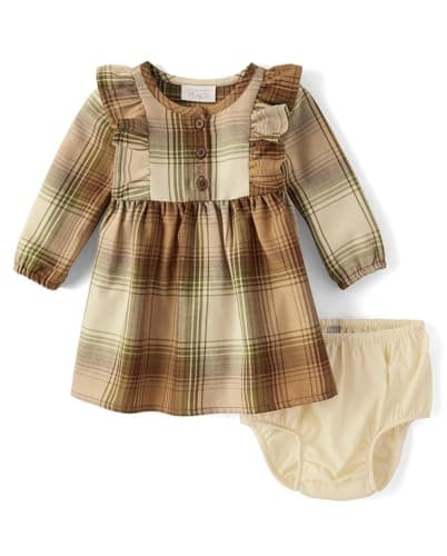 The Children's Place,Baby Girls,and Newborn Long Sleeve Everyday Dresses,Sierra Tan Plaid,9 Months,12 Months