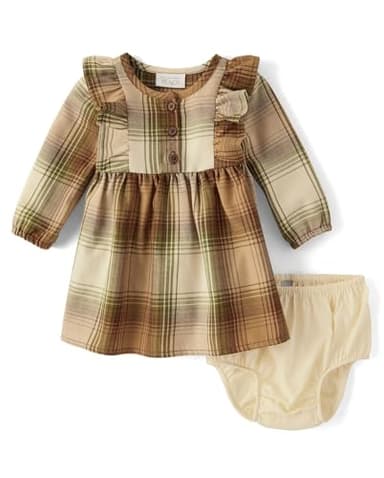 The Children's Place,Baby Girls,and Newborn Long Sleeve Everyday Dresses,Sierra Tan Plaid,9 Months,12 Months