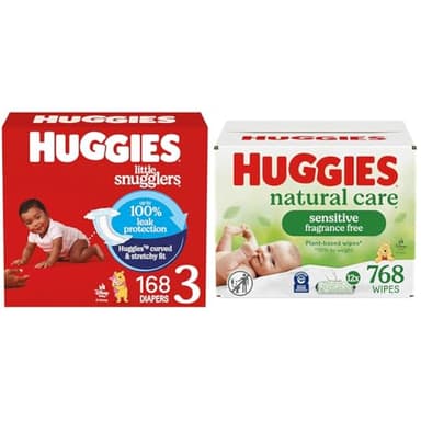 Little Snugglers Bundle: Huggies Little Snugglers Baby Diapers, Size 3 (16-28 lbs), 168 Count & Huggies Natural Care Sensitive Baby Wipes, 768 Count (12 Packs of 64) - Image 1