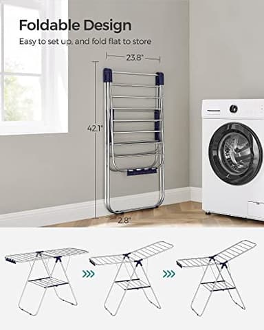 SONGMICS Clothes Drying Rack, with Sock Clips, Metal Laundry Rack, Foldable, Space-Saving, Free-Standing Airer, with 2 Height-Adjustable Gullwings, Indoor Outdoor Use, Silver and Blue ULLR52BU - Image 4