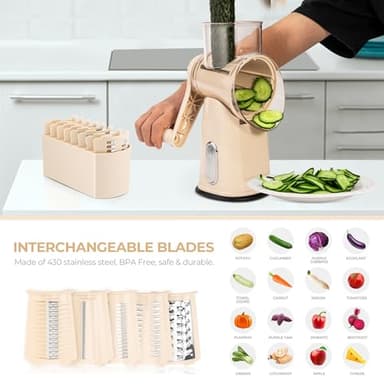 SUSTEAS Rotary Cheese Grater with Handle - Vegetable Shredder with 5 Well-designed Blades & Strong Suction Base,Round Mandoline Slicer & Food Chopper for Kitchen,with Blade Storage Box(Beige) - Image 3