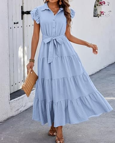 dowerme Ladies Dress 2025 Ruffle Cap Sleeve Button Down V Neck Tie Waist Plain Pleated Tiered Boho Flowy A-Line Dresses(Sky Blue,Medium) - Image 6