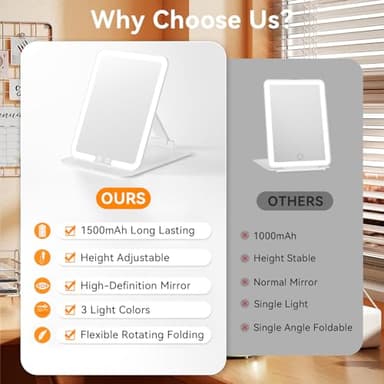 Auxmir Travel Makeup Mirror with Light, Portable Folding Lighted Travel Makeup Mirror with 72 LEDs, Rechargeable Compact Vanity Mirror with 3 Dimmable Color Lights, Adjustable Height and Angle, White - Image 2