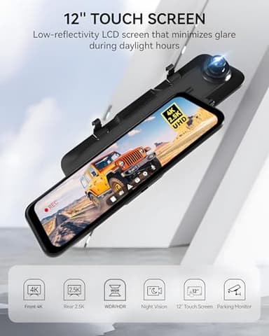 WOLFBOX G900 Rear View Mirror Camera, Mirror Dash Cam 4K Front and 2.5K Rear, Smart Full 12’’ Touch Screen, Backup Camera for Car, GPS, WDR, Night Vision, Included 64GB Card - Image 3