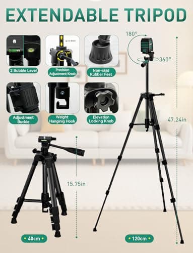 RockSeed Dual Modules Line Laser, Self Leveling Laser Level, Horizontal and 150° Vertical Green Beam, 2 AA Batteries, Carrying Bag, for Home Decoration/DIY/Construction Site - Image 2