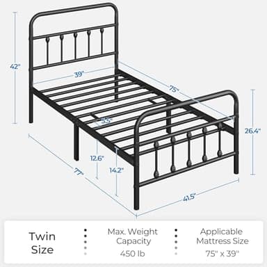 Yaheetech Classic Metal Platform Bed Frame Mattress Foundation with Victorian Style Iron-Art Headboard/Footboard/Under Bed Storage/No Box Spring Needed/Twin Size Black - Image 2