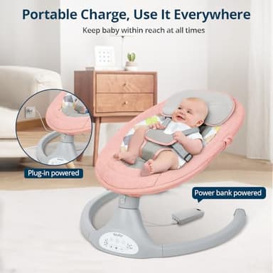 Bioby Baby Swing for Infants with 5 Natural Sway Speeds, Portable Bt Music Baby Bouncer with Remote Control & 5-Point Harness, Lightweight Baby Rocker for 5-20 Lb,0-12 Months Pink - Image 6