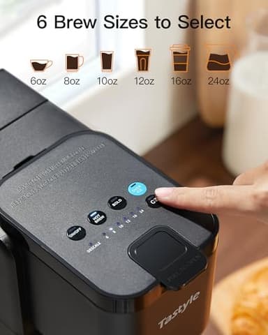 Tastyle Single Serve Hot & Iced Coffee Maker with Strong Brew, 40oz Removable Reservoir, 6 Brew Sizes, Compatible with K Cup and Grounds, Compact for Home, Office, RV and Dorm, Black (2.0 Version) - Image 4
