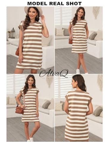 AlvaQ Womens Summer Sleeveless Shirt Dress Crewneck Striped A Line Casual Short Mini Dresses with Pockets Khaki XX-Large - Image 5