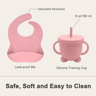 Munlinder Silicone Baby Feeding Set | Baby Led Weaning Supplies Includes Suction Bowls and Divided Plates, Adjustable Bib, Baby Utensils Spoons and Forks,Cup | Baby Feeding Essentials (Pink) - Image 5