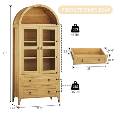 HUAHUU 71" Tall Pantry Cabinet, Arched Cabinet with LED Lights, Kitchen Storage Cabinets with 2 Large Drawers & Adjustable Shelves & Glass Door for Living Room, Kitchen, Dining Room, Natrual - Image 2