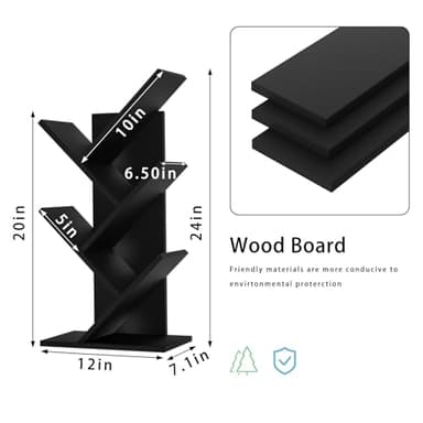 SHEEPAM 5 Tier Tree Book Shelf, Small Desktop Bookshelf with Storage Organizer, Wood Bookcase, Desk Display Bookshelves, Floor Standing Organizer Bookcases for Living Room,Bedroom,Office-Black - Image 3