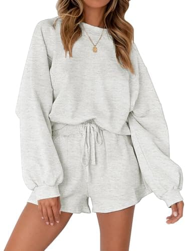 MEROKEETY Women's 2025 Fall Oversized Batwing Sleeve Lounge Sets Casual Top and Shorts 2 Piece Outfits Sweatsuit Light Grey - Image 1