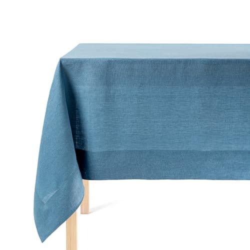 over&back 100%-Linen Woven Tablecloth - Colorful Dining Room Table Cover - Mitered Corner Hems - Machine Washable - Kitchen and Home Decor - Blue - 70x90 - Image 1