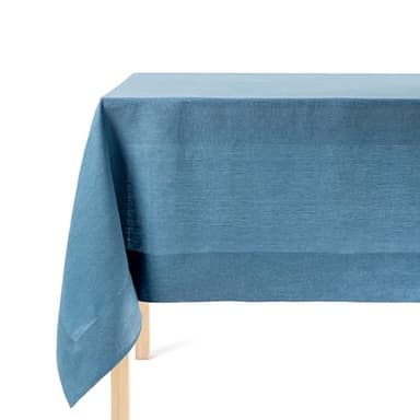 over&back 100%-Linen Woven Tablecloth - Colorful Dining Room Table Cover - Mitered Corner Hems - Machine Washable - Kitchen and Home Decor - Blue - 70x90 - Image 1