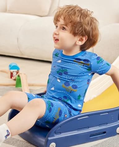 babee Reshinee Bamboo Viscose Toddler Car Pajamas Boys Girls Kids Cool Short Summer Pjs Pyjamas Set 5-6Y Blue Tractor 2pcs Sleepwear Jammies - Image 3