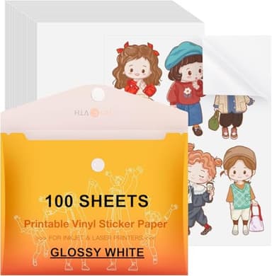 HTVRONT Printable Vinyl Sticker Paper, 100 Sheets Glossy Waterproof Sticker Paper For Inkjet Printer & Laser Printer, Dries Quickly-Standard Letter Size 8.5"X11" - Image 1