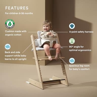 Stokke Tripp Trapp High Chair 2 (Natural), Cushion 2 (Nordic Grey) + Stokke Tray (White) - Includes Chair + Baby Set with Removable Harness for Children 6-36 Months - Image 2