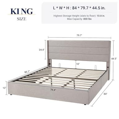 Allewie King Size Lift Up Storage Bed, Modern Wingback Headboard, Hydraulic Support, No Box Spring Needed, Light Beige - Image 2