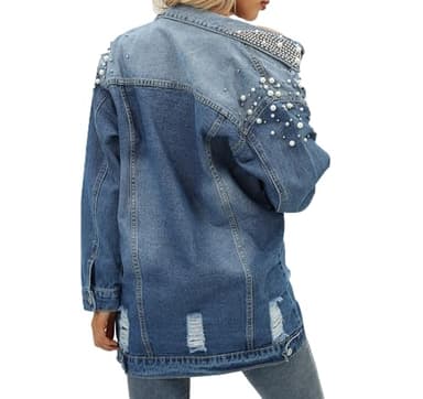 YPCT Women's Pearl Beaded Long Plus Size Distressed Ripped Denim Button Down Trench Coat and Diamonds Bling Oversize Boyfriend Casual Jean Jacket with Pockets X-Large 9329 Blue XL - Image 2