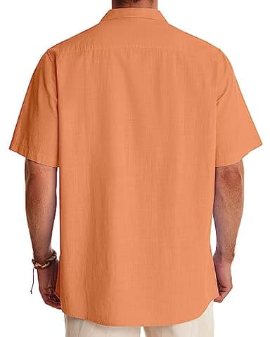 Alimens & Gentle Mens Linen Shirts Short Sleeve Button Down Shirts Cotton Summer Beach Cuban Shirts Vacation Hawaiian Shirts Persimmon Orange - Image 2