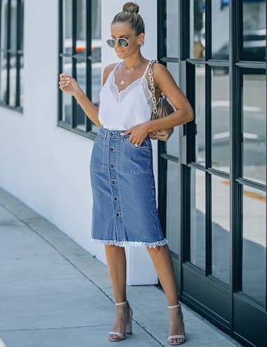 luvamia Women's Casual Button Down Frayed Raw Hem Skirt Jean Skirts Jeans Skirt for Women Jeans Skirt for Women Medium Blue Medium Fits Size 8 Size 10 - Image 4