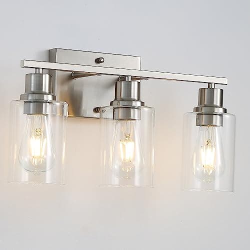 Jodauirt Brushed Nickel Wall Sconces,3-Lights Bathroom Vanity Light Fixtures with Clear Glass Shades, Farmhouse Modern Wall Lighting ​for Mirror,Bedroom,Living Room - Image 1