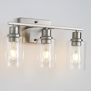 Jodauirt Brushed Nickel Wall Sconces,3-Lights Bathroom Vanity Light Fixtures with Clear Glass Shades, Farmhouse Modern Wall Lighting ​for Mirror,Bedroom,Living Room - Image 1