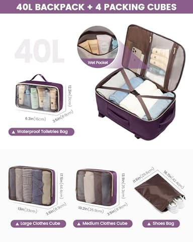 LOVEVOOK Large Travel Backpack for Women, TSA Carry on Backpack for Airplanes, 40L Personal Item Travel Bag fits 17" Laptop, Waterproof Carry on Bag Flight Approved with 4 Packing Cubes - Image 5