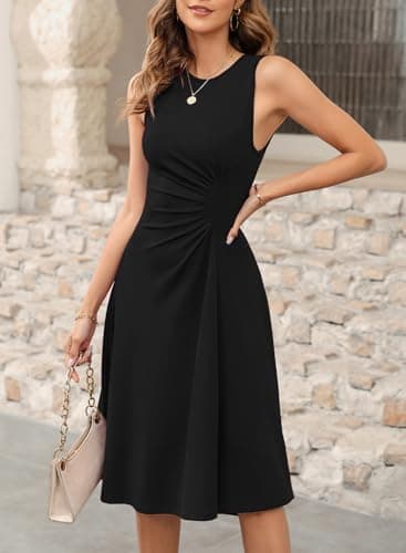 Happy Sailed Women's Cocktail Dresses Summer Sleeveless Crew Neck High Waist Pleated Ruched Waist Slim Fit A Line Wedding Guest Cocktail Party Dress Black Medium - Image 3