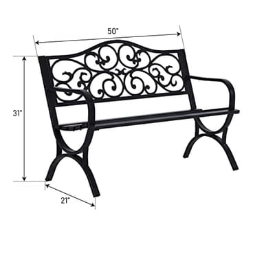 MFSTUDIO 50 Inches Outdoor Garden Bench, Cast Iron Metal Frame Patio Park Bench with Floral Pattern Backrest, Arch Legs for Porch Lawn Garden Yard(Black) - Image 2