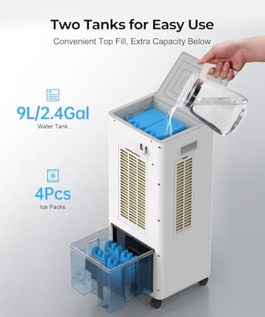 Abolee Evaporative Air Cooler, Portable Evaporative Air Cooler for Bedroom, 2.4Gal Tank with Fan & Humidifier, Remote, 4 Ice Packs, 3 Speeds, 4 modes, 12H Timer, for Room Indoors - Image 7