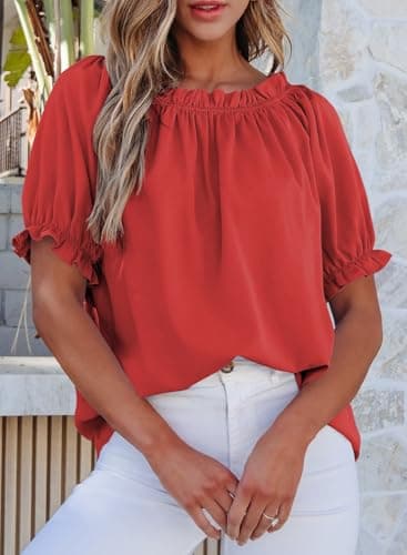 EVALESS Blouses for Women Summer Outfits Women's Clothing Trendy 2025 Basic Short Sleeve Tshirts Round Neck Red Blouses Spring Clothes Peplum Off The Shoulder Casual Tops for Women Work, X-Large - Image 2