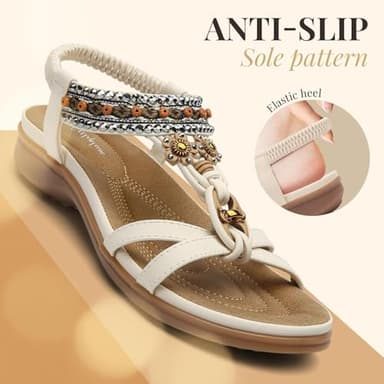 Littleplum Womens Sandals Arch Support Bohemian T-Strap Flower Rhinestone Sandals Women's Non Slip Summer Beach Flat Sandals Cream White Size 7 - Image 2